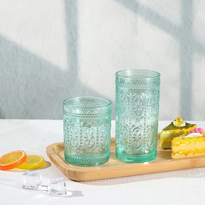 Green Glassware Set of 4, Vintage Drinking Glasses, Colored Glassware Drinking, Highball Embossed Beverage Glasses Cup for Party Wedding Home Office and Gift (2pcs12oz+2pcs10oz）
