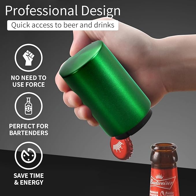 Automatic Beer Bottle Opener with Magnetic Cap, Stainless Steel One-Handed Lid Opening Spring Loaded Push&Pop Bottle Opener for Home Bars Picnic Camping Hiking（2PCS）