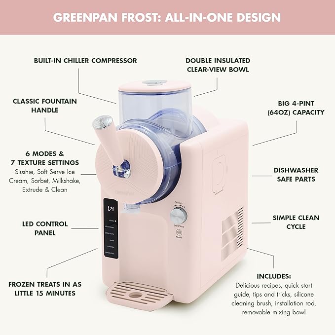 GreenPan Frost Ice Cream Maker & Slushie Machine, Soft Serve, Sorbet, Margaritas, Milkshakes, Frozen Yogurt, No Pre-Freezing, Ready in 15 Mins, 6 Modes, 7 Textures, Self-Cleaning, Family Size, Pink