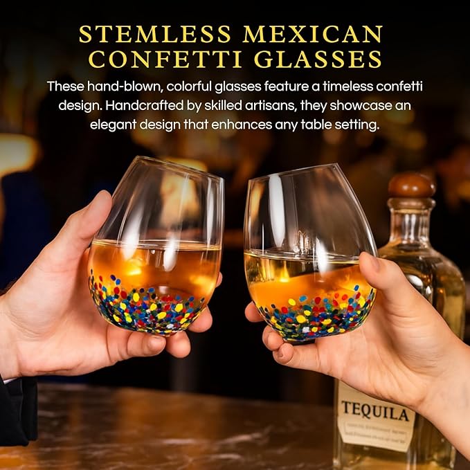 Large Stemless Wine Glasses – Set of 2-14oz Luxury Hand Blown Confetti Margaritas, Martini, Cocktails, Water, Wine, Dessert & Champagne Glasses Cinco de Mayo, Hand Blown - Mexican Confetti Glass