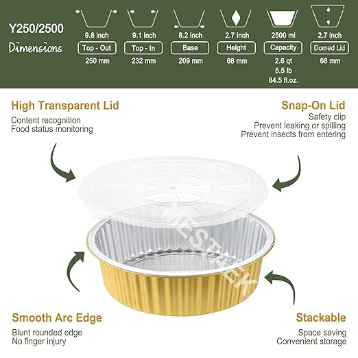 10" Deep Round Aluminum Foil Pans with Lids (5 Pack), Heavy Duty Grease-Resistant Foil Containers for Baking, Heating, Meal Prep & Food Storage, 2.7" Depth, 84oz