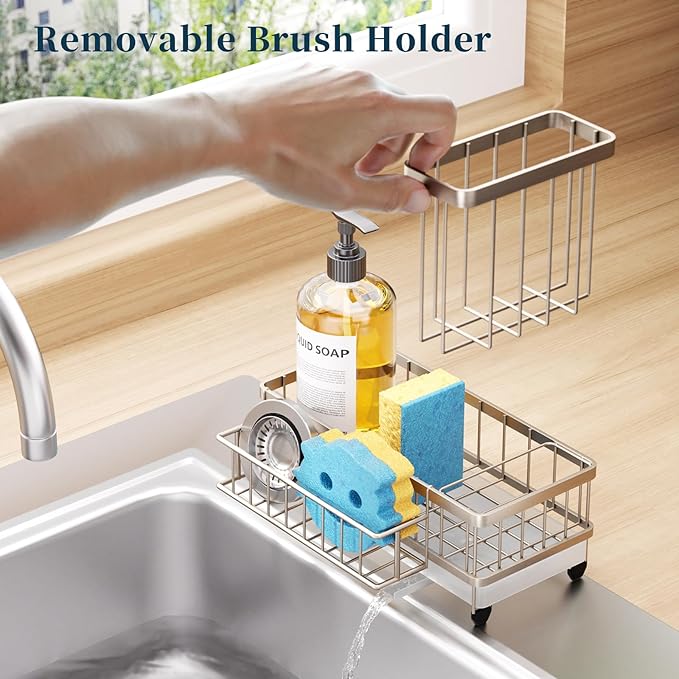 Consuemst Sponge Holder for Kitchen Sink - Auto Draining Sink Caddy Organizer with Detachable Rack, High Brush Holder, Kitchen Countertop Storage Accessories, Sand Nickel