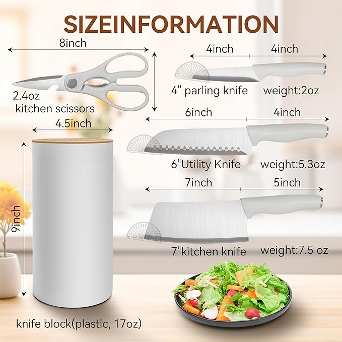 Small Knife Block Set, Modern Kitchen Knife Scissors with Universal Round Holder, Home Apartment New Kitchen Essentials, Space Saving, Dishwasher Safe(Vanilla White, 5PCS)