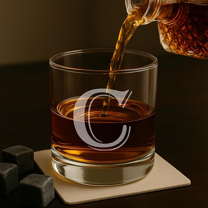 On The Rox (C-Monogram) - 4 Piece Set of 11 Ounce Engraved Heavy Base Rocks Glasses Elegant Glass-Multi-Purpose Beverage-Rocks Glass- Gift for any Occasion Drinks