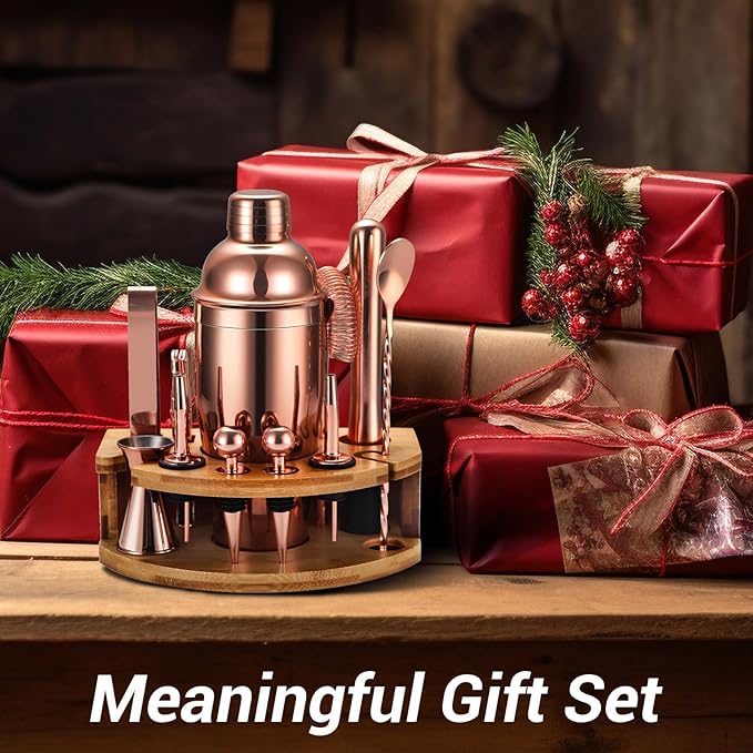 Cocktail Shaker Set Bartender Kit with Stand, 12 Piece Bar Set Drink Mixer Set with Stainless Steel Bar Accessories Tools: 25oz Martini Shaker Jigger Strainer Spoon Muddler for Cocktails (Rose Gold)