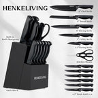 Knife Set, 14-Piece Kitchen Knives Set with Block, Built-in Sharpener, German High Carbon Stainless Steel, Ergonomic Non-Slip Handles, Black
