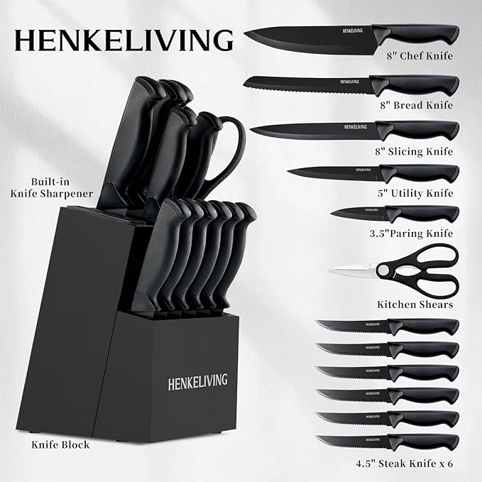 Knife Set, 14-Piece Kitchen Knives Set with Block, Built-in Sharpener, German High Carbon Stainless Steel, Ergonomic Non-Slip Handles, Black