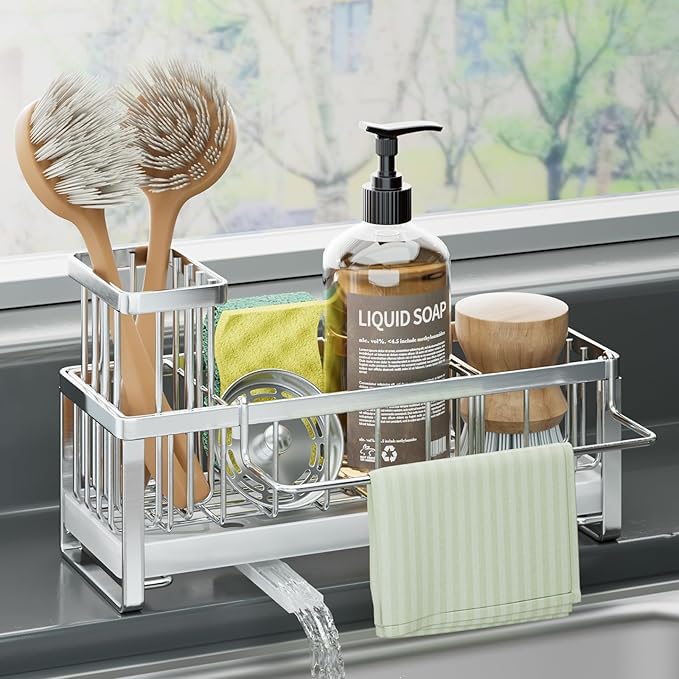 HapiRm Sponge Holder for Kitchen Sink - Self-draining Sink Caddy with Brush Holder and Dishcloth Holder, Stainless Steel Kitchen Organizer - Silver