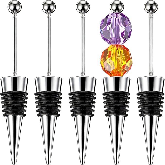 5 Packs Metal Bottle Stopper Kit, Reusable Wine Saver Corks, Stainless Steel Wine Bottle Stopper, Beadable Bottles Cap, Decorative Corkscrew for Wedding Party Bar