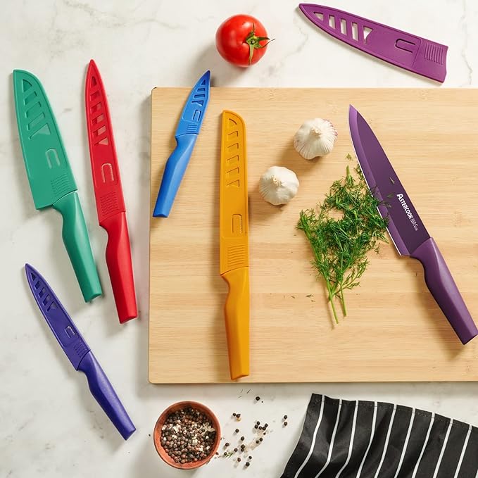 Astercook Knife Set, 12 Pcs Color-Coded Kitchen Knives Set, 6 Color Anti-Rust Coating Stainless Steel Chef Knife Sets with 6 Blade Guards Dishwasher Safe
