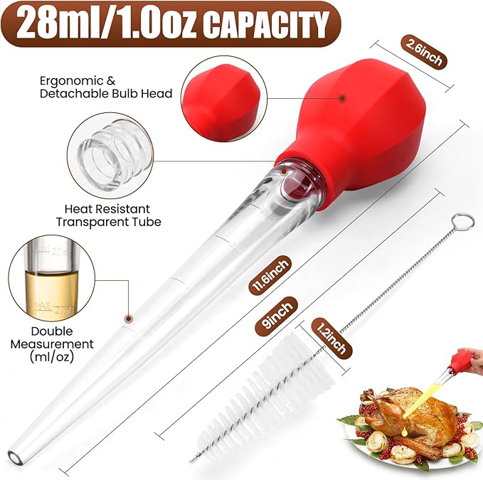 SCHVUBENR Large Turkey Baster with Cleaning Brush - Premium Baster Tool for Cooking - Easy to Use & Clean - Powerful Bulb Baster Syringe - Dishwasher Safe - Thanksgiving, Christmas Essentials - Red
