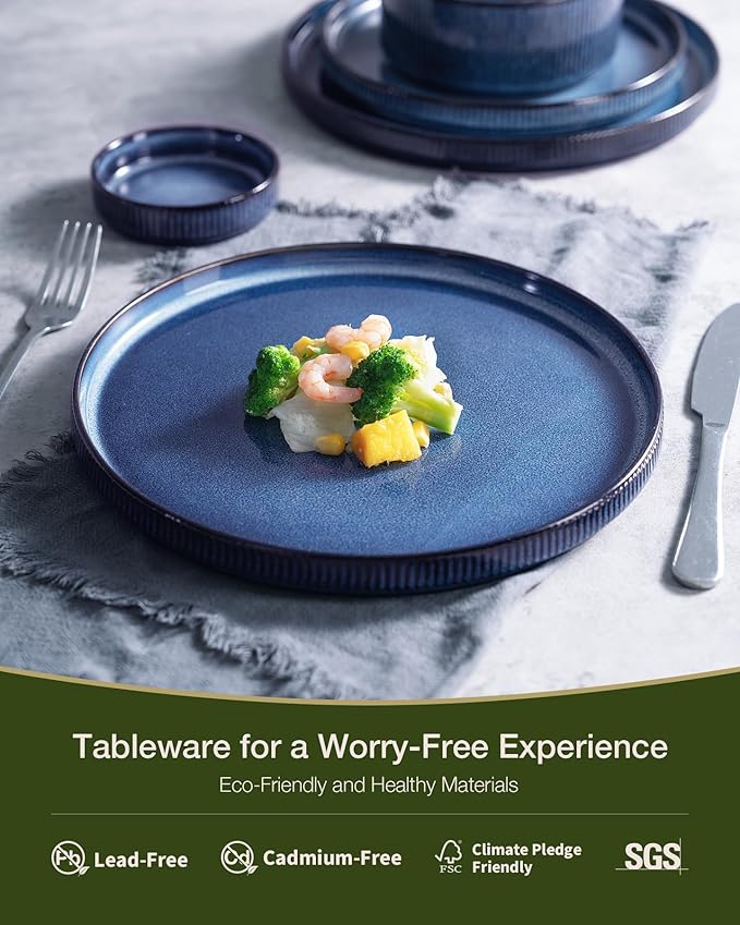 Famiware Star 16-Piece Stoneware Dinnerware Set, Service for 4, Reactive Glaze Mugs, Plates and Bowls, Dishes with Trim, Modern Rustic, Chip/Scratch Resistant, Microwave/Dishwasher Safe, Nebulas Blue