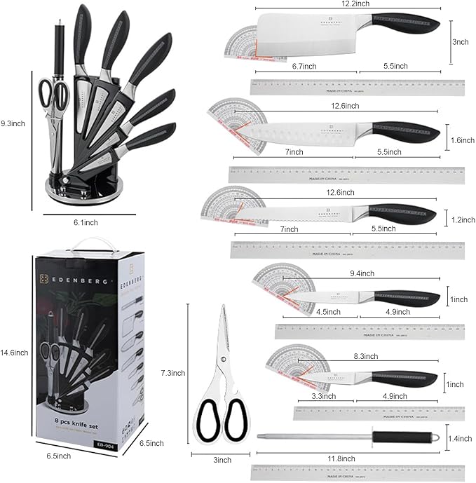 Kitchen Knife Set, Retrosohoo 8-Piece Grey Sharp Non-Stick Coated Chef Knives Block Set,Stainless Steel Knife Set for Kitchen with Sharpener for Cutting Slicing Dicing Chopping (Grey)