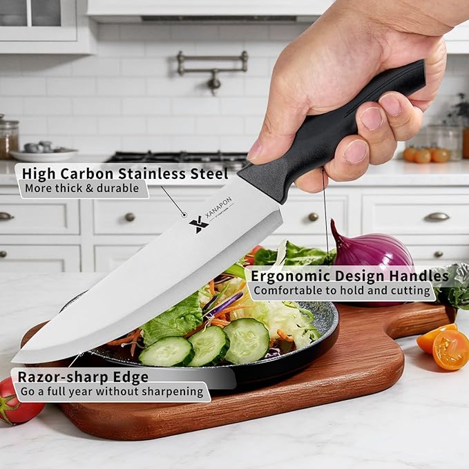14 Pieces Kitchen Knife Set with Block, German Stainless Steel, BlackSilver