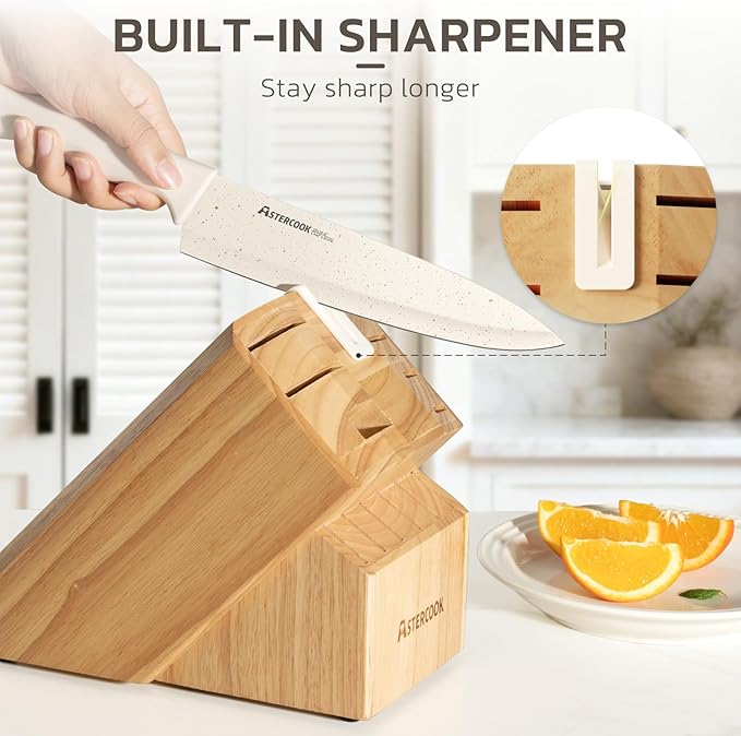 Astercook Knife Set, 15 Pieces Kitchen Knife Set with Sharpener Block, German Stainless Steel Knives Set with Anti-Rust Coating, Dishwasher Safe Elegant Cream White Knife Block Sets, Valentine's Gift