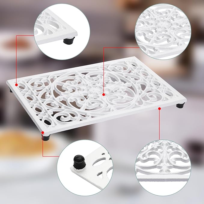 Sumnacon 2 Pack Rectangle Cast Iron Trivets, Rustic Iron Hot Dish Plate Trivet for Kitchen Countertop Dining Table (White, 9.6 x 6.3 Inch)