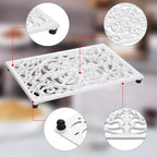 Sumnacon 2 Pack Rectangle Cast Iron Trivets, Rustic Iron Hot Dish Plate Trivet for Kitchen Countertop Dining Table (White, 9.6 x 6.3 Inch)
