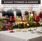 Khen Festive & Holiday Colored Wine Glasses Set of 5 In Luxurious Gift Box – 20oz Stemmed Goblets, Thanksgiving Dinner, Entertaining – Wedding Red, Green & Gold Glassware for Party Celebrations