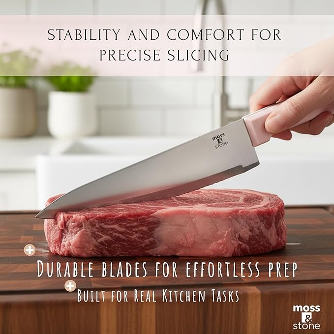Moss & Stone Pink 14 Pcs Knife Block Set Stainless Steel, Premium Forged Kitchen Knives Set with High-Carbon Blades, Ergonomic Handle, Sharp Blade, Rust Resistant, Modern Style for Home & Chef