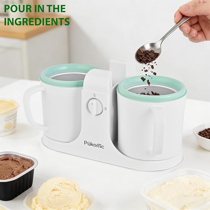 Pukomc Ice Cream Maker Machine for Home Use, with Two Ice Cream Bowls,Simple Operation and Easy to Clean,White Green