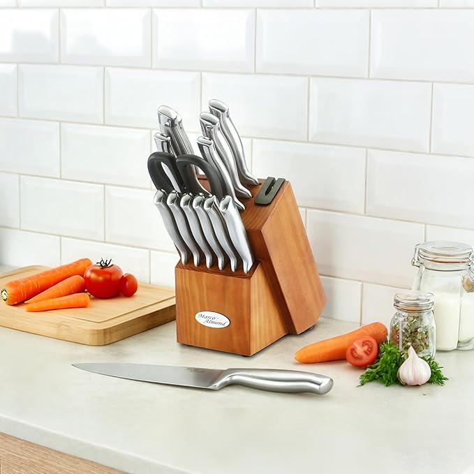 Marco Almond® Knife Block Set, KYA26 Knife Set with Block, 14 Pieces Stainless Steel Chef Kitchen Knives with Built-in Sharpener