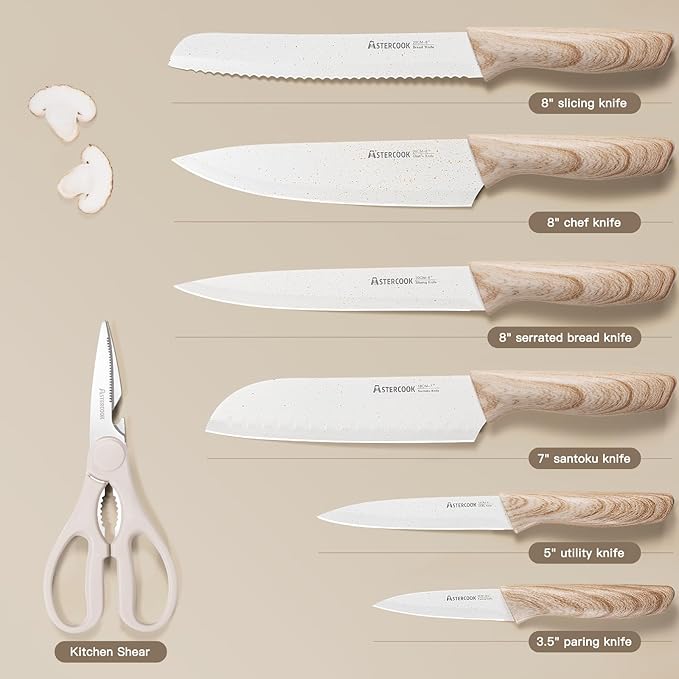 Astercook Knife Set, 13 Pieces Kitchen Knives Set with Ceramic Coating, Stainless Steel Chef Knife Sets with 6 Blade Guards, Dishwasher Safe Knives with Wooden Handle, White