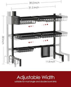 Sakugi Dish Drying Rack - Over The Sink Dish Drainer Drying Rack with Utensil & Knife Holder, Hooks, Stainless Steel Kitchen Organizers and Storage Solution, 11.8" D x 31.5"~39.0''W x 30" H, Black