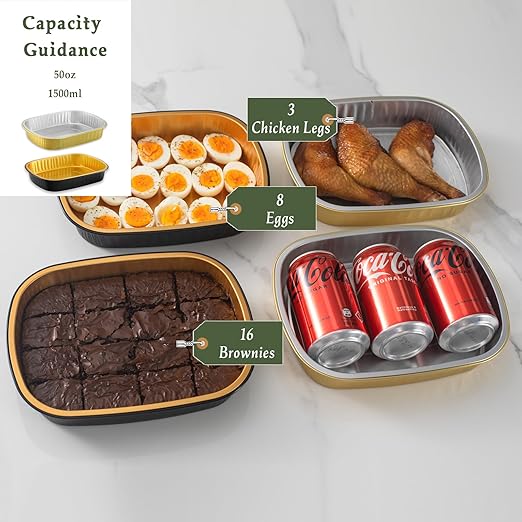 Oval Aluminum Foil Pans with Snap-On Lids (5 Pack) – 2X Thicker Heavy Duty Black & Gold Disposable Trays for Catering, Takeout & Party Serving, 50oz