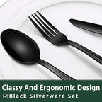EWFEN 24-Piece Black Silverware Set with Steak Knives, Black Flatware Set for 4, Food-Grade Stainless Steel Tableware Cutlery Set, Mirror Finished Utensil Sets for Home Restaurant, Pearled Edge