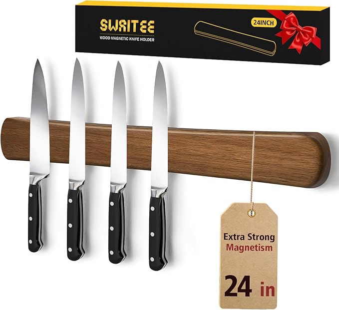 Swaitee Magnetic Knife Holder for Wall, 24 Inch Extra Large Wood Knife Strip with Strong Magnetism, Space Saver Organizer for Farmhouse/Restaurant Kitchen, Housewarming Gifts
