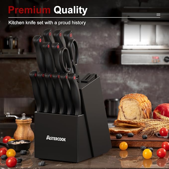 Knife Set, Astercook 15 Pieces Knife Sets for Kitchen with Block, Dishwasher Safe Kitchen Knife Set with Built in Sharpener Block, German Stainless Steel Knife Block Set, Valentine's Gift