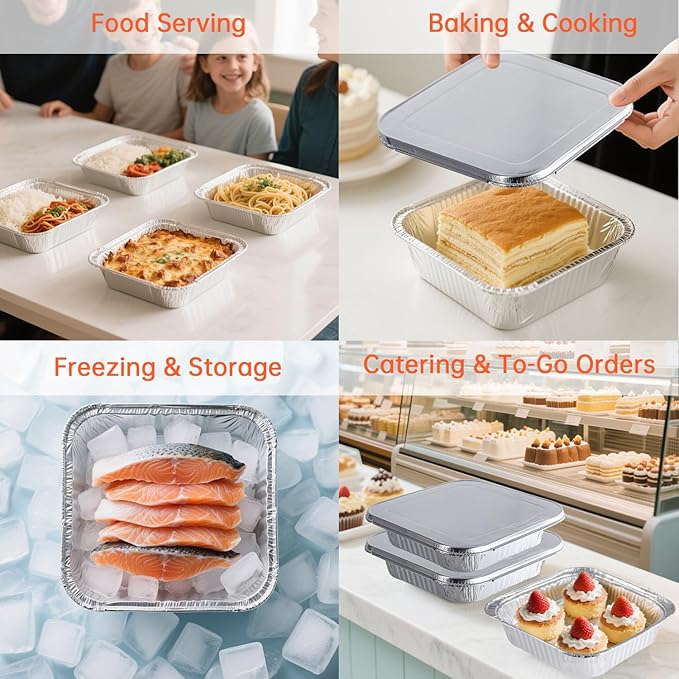 8x8 Aluminum Pans with Lids - 20 Pack Disposable Foil Pans with Lids, Aluminum Containers with Lids for Baking Cake, Holiday Cooking, Heating, Storing, Prepping Food