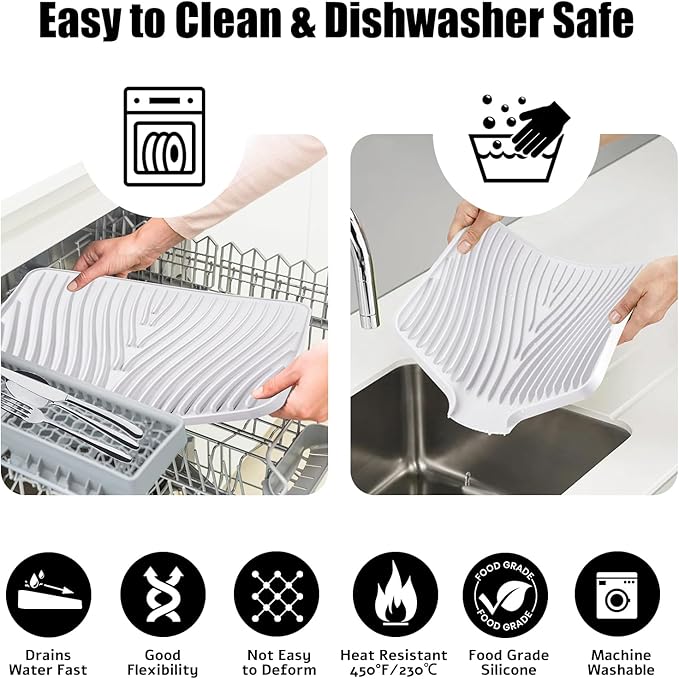 TIKNIK Silicone Dish Drying Mat, Stone Drying Mat for Kitchen Counter with Built-In Drain, Non-Slip Drain Pad with Built-in Drain, Heat Resistant Stone Drying Mat, Hangable, White-2pcs, 20" x 15"