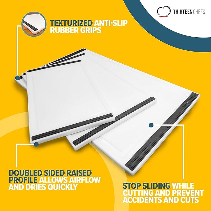 Thirteen Chefs Non Slip Cutting Board 3 Pack Set for Kitchens with Groove - BPA Free and Dishwasher Safe with 16, 12 and 10 Inch Sizes