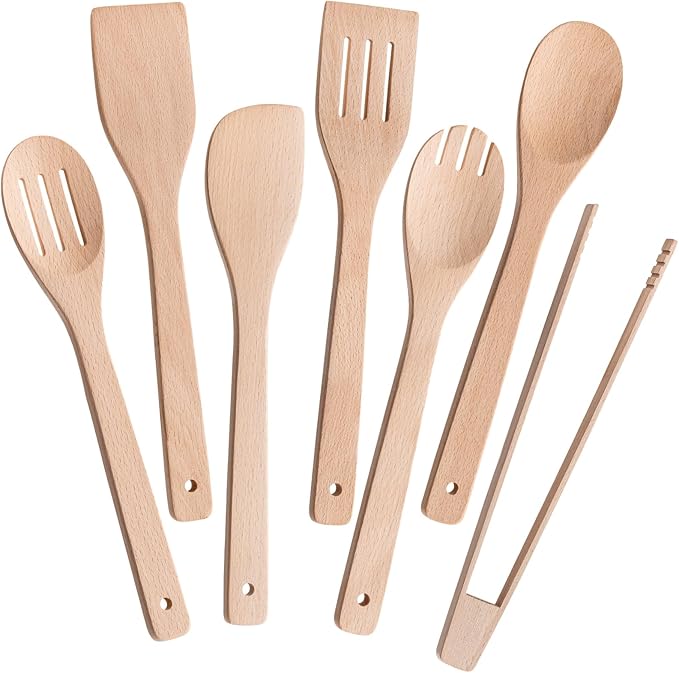Eisinly Wooden Spoons for Cooking 7-Piece, Kitchen Nonstick Wood Cooking Utensils Set, Durability Wooden Spatula Spoon for Everyday Use, Light Yellow