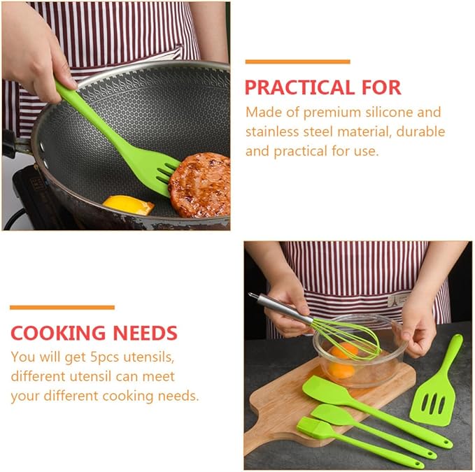 5pcs Silicone Kitchen Utensil Set Green, Cooking Tools with Whisk, Brush, Scraper – Heat Resistant, Versatile Cooking and Baking Gadget Kit for Home Use