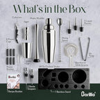 Barillio Silver Bartender Kit - Stainless-Steel Cocktail Shaker Set w/Black Bamboo Stand - Mixology Bar Tools w/Drink Shaker, Mixer & Muddler for Cocktails - Home Bar Accessories - 23-Pc Bar Set