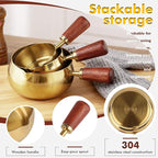 3 Pieces Stainless Steel Mini Sauce Pan with Wooden Handle & Spout, 1.7/3.4/5.1 Oz Gold Small Butter Warmer Saucepan, Reusable Sauce Pot Dipping Bowl (Gold)