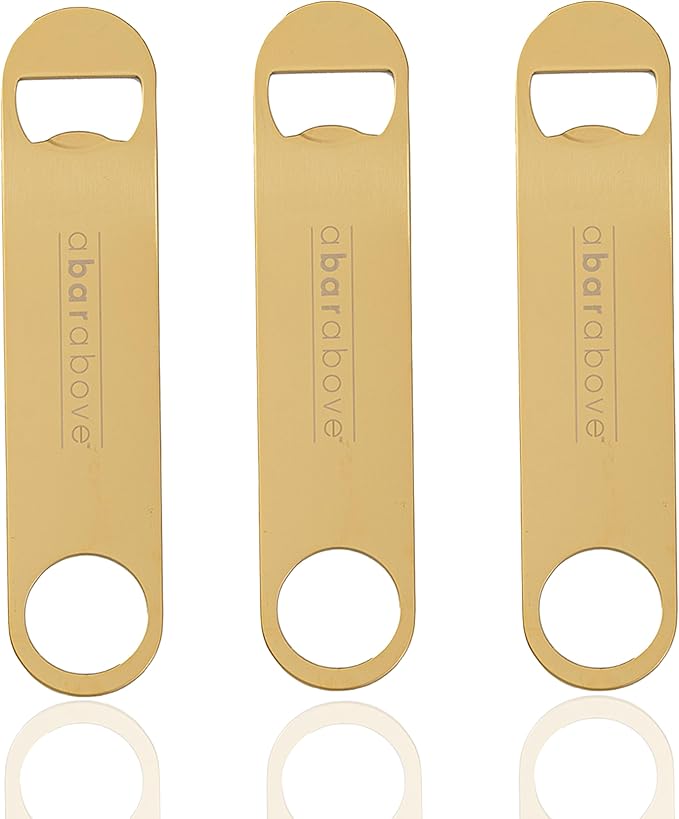 A Bar Above Bottle Opener, Bartender Tool, Flat Bar Blade Speed Opener, Heavy Stainless Steel Beer Cap Lifter With Thumb Hole, Dishwasher Safe Rust Resistant, Bartender Accessories, Gold, Pack of 3