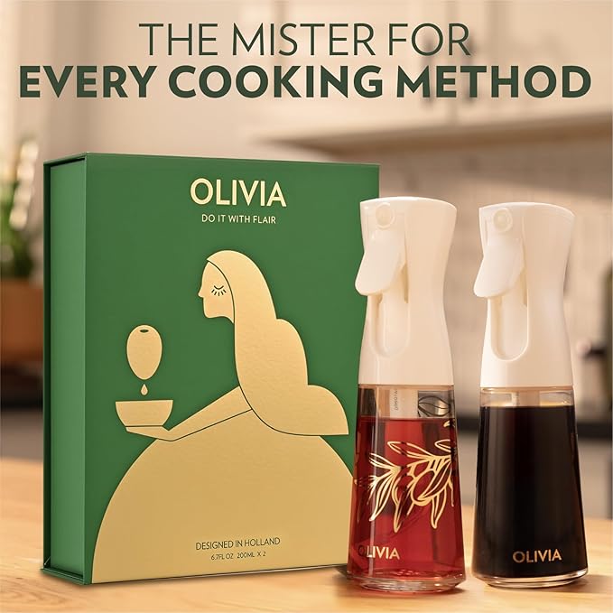 FLAIROSOL OLIVIA SIGNATURE Advanced Kitchen Oil Sprayer Technology, Fine Mist & Portion Control, Refillable Glass Olive Oil Cooking Spray Bottle for Air Fryer, Salad, BBQ, 2 Pack 200ml (White)