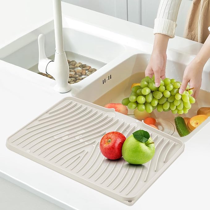 TIKNIK Silicone Dish Drying Mat, Stone Drying Mat for Kitchen Counter with Built-In Drain, Non-Slip Drain Pad with Built-in Drain, Heat Resistant Stone Drying Mat, Hangable, Cream-1pcs, 16" x 12"