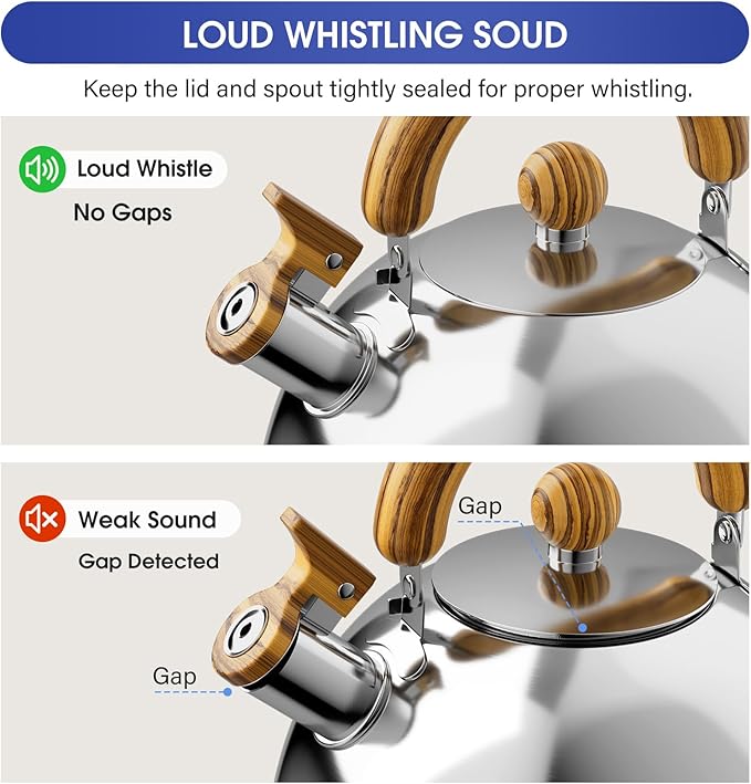 4.2 Quart Tea Kettle Stovetop Whistling for Stove Top Food Grade Stainless Steel Tea Kettles with Cool Wood Pattern Handle, Handle Silver