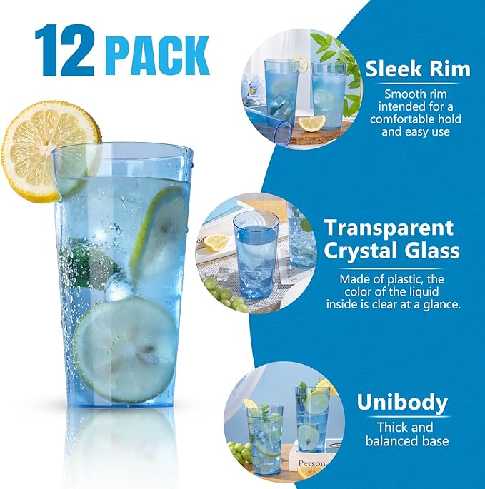 Liacere Plastic Drinking Glasses (Set of 12) 18 oz Highball Blue Reusable Plastic Glasses Colors，Kitchen Water Glasses Cup, Bar Tumbler Glassware Set for Beer, Juice, Cocktail, Whiskey, Milk