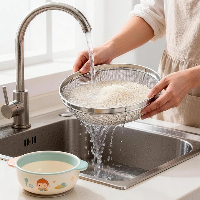 Fine Mesh Strainer for Kitchen, Stainless Steel Colander Bowl for Pasta, Rice, Fruit, Metal Net Baskets with Resting Base - Strain, Drain, Rinse (Diameter 8.67 inch)