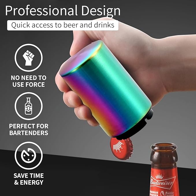 Beer Bottle Opener Destapadores de Cerveza Automatic Bottle Opener Bottle Cap Opener, Down-Pop Off Beer Bottle Opener with Magnetic Cap Catcher, Cool Bartender Tools, Men Beer Gift （Color）