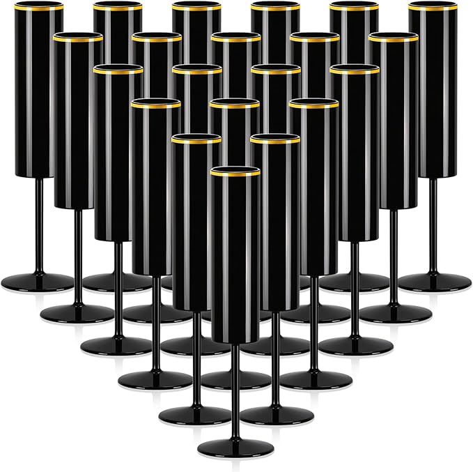 24 Pack Champagne Flute Acrylic 5.4 Oz Black Champagne Flutes Gold Rim Disposable Champagne Glasses Wedding Toasting Glasses Reusable Square Stemmed Wine Glasses for Wedding Christmas Halloween