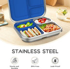 BOSEDSANG Stainless Steel Kids Leak-Resistant Bento Lunch Box, 3-Compartments with Silicone Container, Dishwasher-Safe, Child-Friendly Design for School, Picnics & Travel,BPA-Free (Blue)
