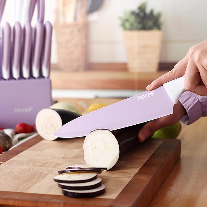 hecef 15 Pieces Kitchen Knife Set with Built-in Sharpening Wooden Block, Dishwasher Safe, High Carbon Stainless Steel Knife Block Set with Steak Knives, Kitchen Scissors, Purple