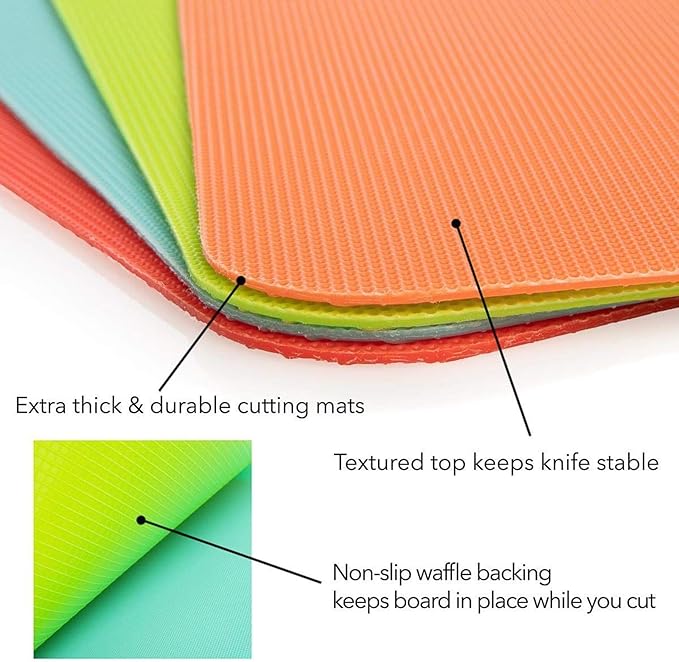 Simply Genius Plastic Cutting Boards - Flexible Color Coded Cutting Board Set - Textured Grip Odor-Resistant Dishwasher-Safe Chopping Mat - Pack of 4-8 in x 11 in - Multicolor