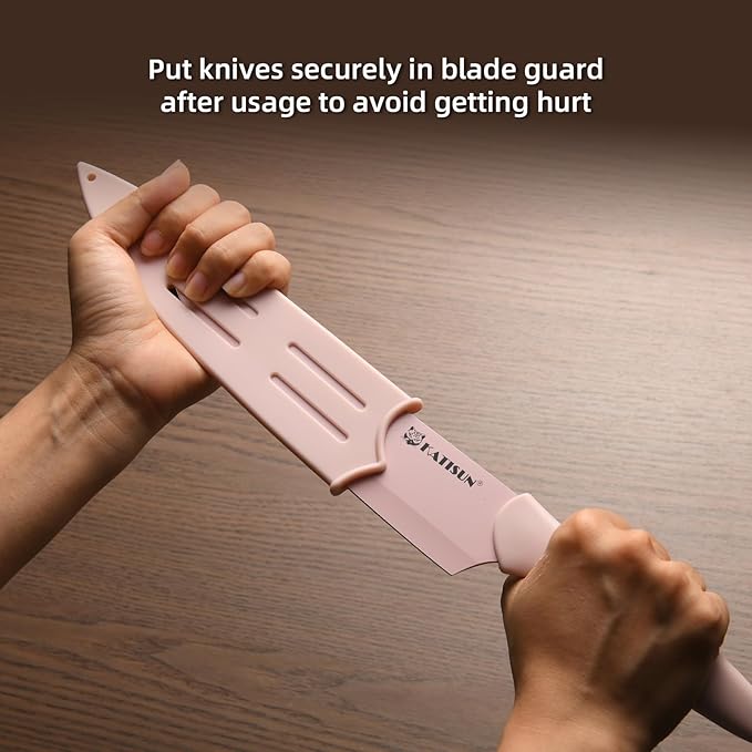 Kitchen Knife Set with Guards, 13 Piece Pink Non-Stick Boxed Knives Set, Anti-Rust and Dishwasher Safe, 6 Knives with 6 Blade Covers and Kitchen Shears